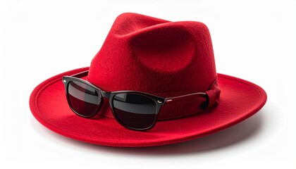 Red fedora hat with matching sunglasses evokes bold fashion statement, stylish coordination, and iconic accessory appeal