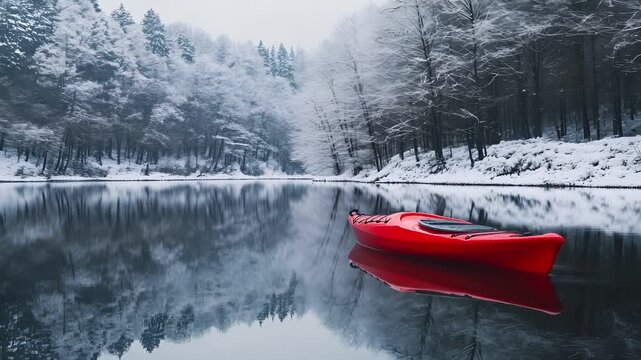 A red canoe on a calm, reflective surface of a serene lake surrounded by snowcovered trees. The scene is devoid of any human presence, emphasizing the untouched beauty of nature.