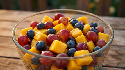 Fototapeta premium Close-up of a Vibrant Fresh Fruit Salad with Diced Mango, Blueberries, and Red Grapes in a Clear Glass Bowl on a Rustic Wooden Table Outdoors