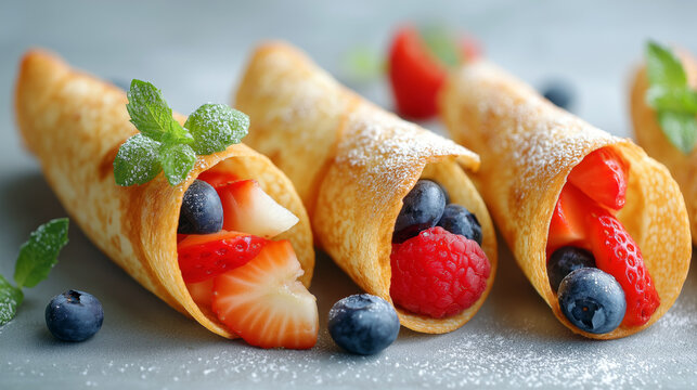 Mini crepes rolled into cones and filled with fresh berries, dusted with powdered sugar as a cute and colorful kids party dessert in a light modern style