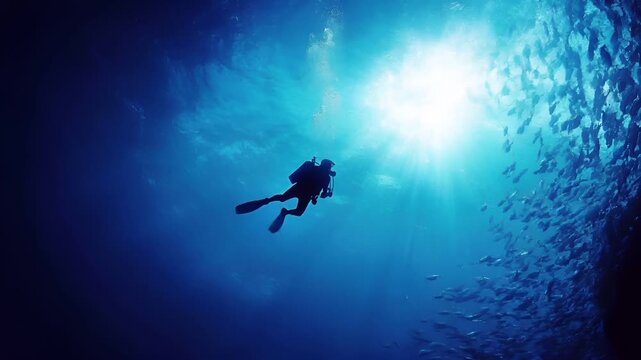 Aerial view of a diver swimming amidst a school of fish in the ocean, with sunlight filtering through the waters surface.