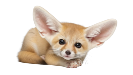 Adorable Fennec Fox pup lying down with massive ears looking at the camera isolated PNG with Transparent Background