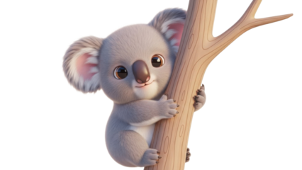 Adorable Baby Koala 3D Character Illustration Clinging to a Tree Trunk isolated PNG with Transparent Background