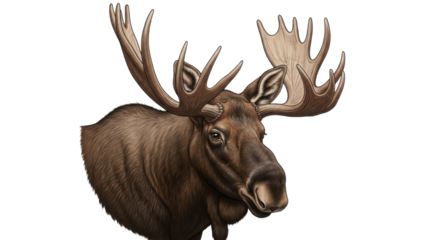 Detailed Realistic Illustration of a Brown Moose Head with Large Antlers isolated PNG with Transparent Background