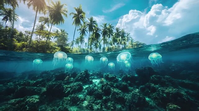 Aerial view of a tropical island with palm trees under a clear blue sky, showcasing a serene underwater environment. The scene is dominated by a variety of marine life, including jellyfish.