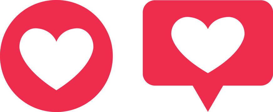 Love react icons set. Social Media Heart Icons for Like and Love Notifications. Red Love Symbol in Circle and Speech Bubble Frame for App Interface and Digital Engagement.