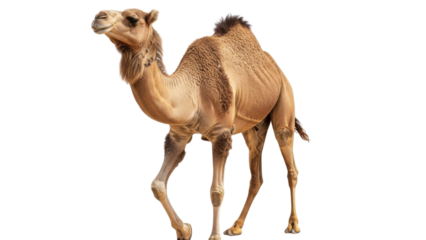 Tan Dromedary Camel walking forward, isolated PNG with Transparent Background