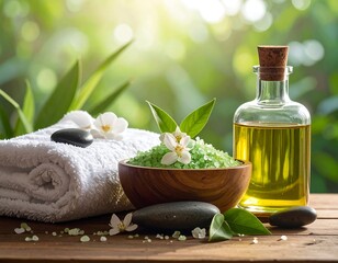 Spa products on a wooden surface, surrounded by greenery and flowers