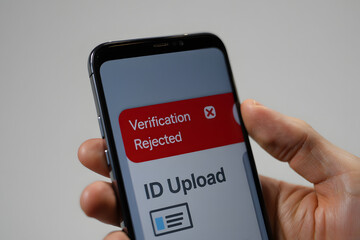 Hand holding smartphone displaying verification rejected message for I D upload