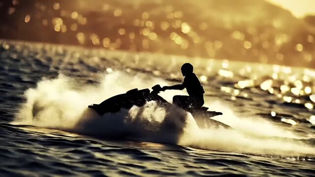 A silhouette of a person riding a jet ski on a body of water.