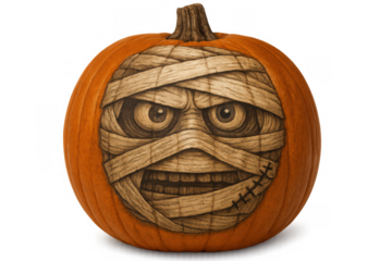 Halloween pumpkin featuring a carved face resembling a wrapped mummy with angry eyes, a scary mouth, and stitches