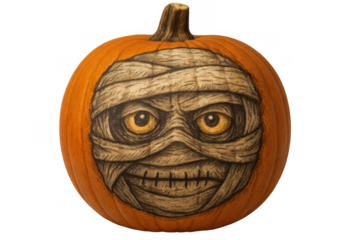 Pumpkin with mummy face halloween carving artwork, spooky monster creature decoration with angry eyes in autumn holiday