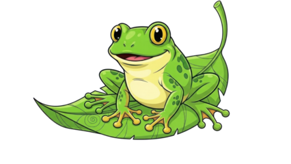 Happy Green Cartoon Tree Frog Character Sitting on a Large Leaf Illustration isolated PNG with Transparent Background