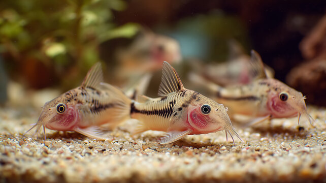A calm scene of a home aquarium featuring peaceful corydoras catfish resting on fine sand substrate, clear water and soft indoor lighting