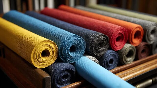 Rolls of fabric in various colors are arranged neatly on a wooden shelf in a craft space during daylight