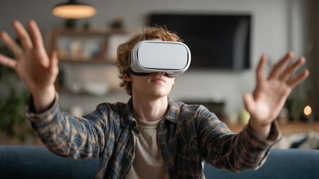 Immersive Reality Experience: A young person with a VR headset explores the depths of virtual reality, hands outstretched in a gesture of exploration. Capturing the thrill of digital immersion.