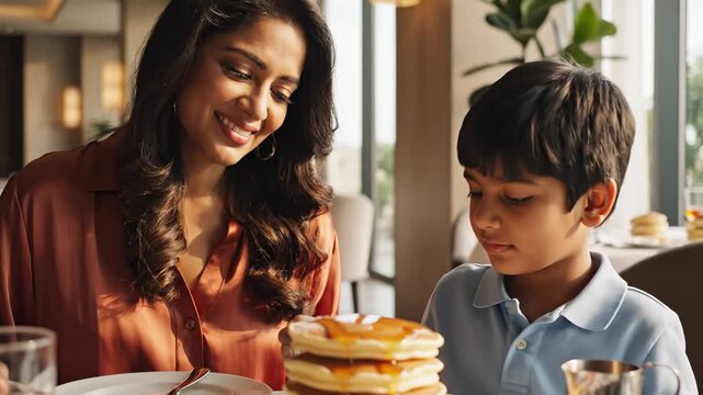 Indian mother and son pouring maple syrup on a stack of pancakes in a bright restaurant for family bonding concept and joyful childhood moment