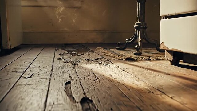 Year after year wear shows on the floor of an old kitchen.