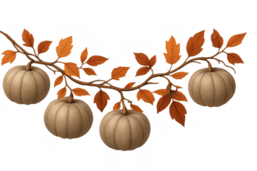Autumn branch featuring hanging pumpkins and fall leaves, creating a seasonal harvest decoration with transparent background