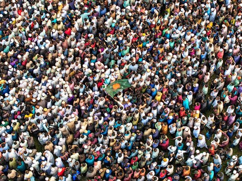 Aerial view of a crowds gathered during the funeral of martyred Sharif Osman Hadi before the Jatiya Sangsad Bhaban parliament building, Dhaka, Bangladesh, 20 December 2025.