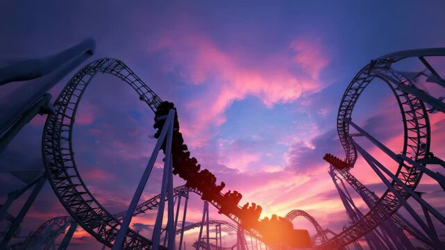Roller coaster loops against a colorful sky at sunset with people enjoying the ride