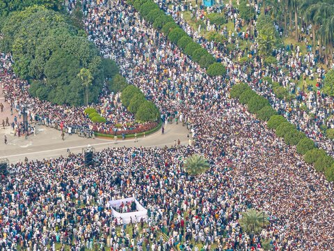 Aerial view of a crowds gathered during the funeral of martyred Sharif Osman Hadi before the Jatiya Sangsad Bhaban parliament building, Dhaka, Bangladesh, 20 December 2025.