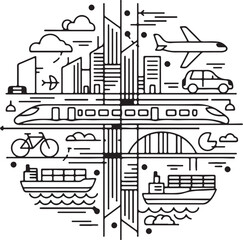 Fototapeta premium Global Transportation Network and Urban Logistics Line Art Illustration. Cityscape with Train, Plane, Car, Bicycle, and Ships depicting Modern Travel and Infrastructure. 