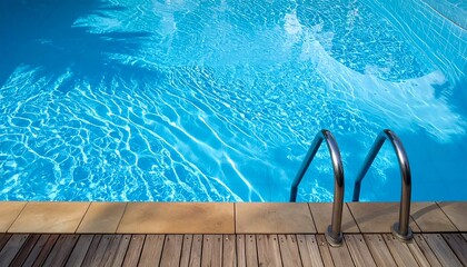 Sparkling blue pool with wooden deck