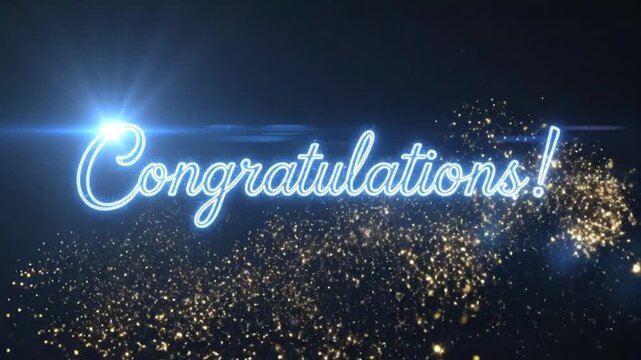 Sparkling neon congratulations message with glittering fireworks display celebrating achievement