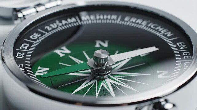 Closeup of a green and silver compass on a white surface for navigation and direction