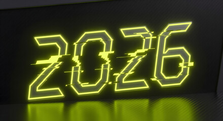 Dynamic neon green '2026' with a digital distortion effect, symbolizing future technology, progress, and the anticipation of upcoming events in a modern, vibrant display