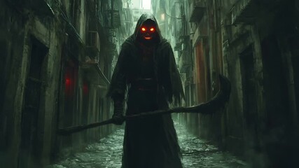 Halloween holiday promotion theme. Spooky scaring. A dark, atmospheric digital artwork portraying a grim reaper in a narrow alleyway. The style is reminiscent of dark fantasy or horror genres.