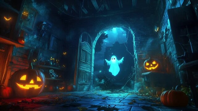 Halloween holiday promotion theme. Spooky scaring. A vivid, atmospheric portrayal of a dimly lit, stonewalled halloween setting. The main subject is a glowing, orangehued jackolantern.