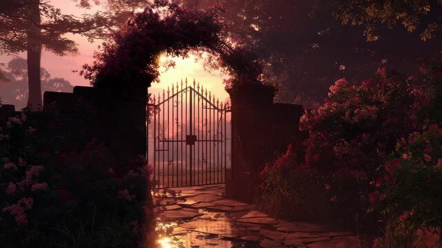 Sunset at a garden gate with flowers and trees in the background on an evening