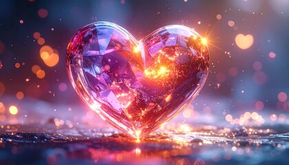 Sparkling heart, vibrant colors, glowing crystals