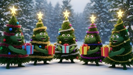 Anthropomorphic Christmas Trees with Gifts in Snowy Forest