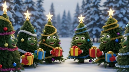 Anthropomorphic Christmas Trees with Gifts in Snowy Forest