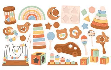 Wooden children toys collection. Wood blocks, xylophone, pyramid, montessori games. Childhood, educational children games, preschool activities concept. Flat vector illustration