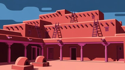 A vibrant illustration of traditional pueblo architecture featuring terraced buildings and exterior ladders