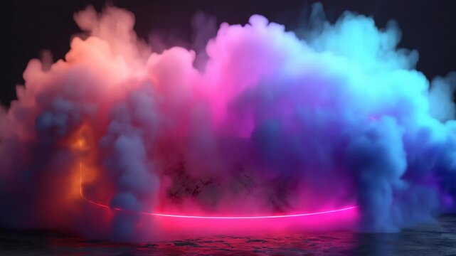 Colorful smoke shapes surround a curved stone structure in a dark setting during a digital art presentation or performance event
