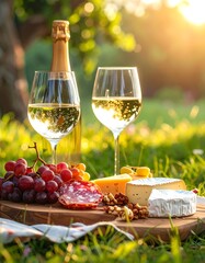 Sparkling wine picnic with cheese and grapes