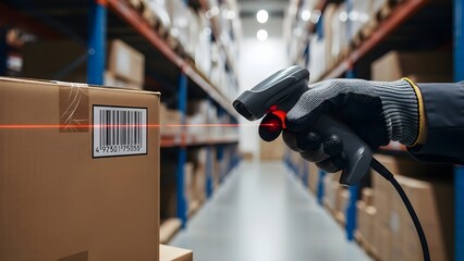 Warehouse Scanning: Worker Uses Barcode Scanner on Cardboard Boxes, Bright Logistics, Industrial Technology