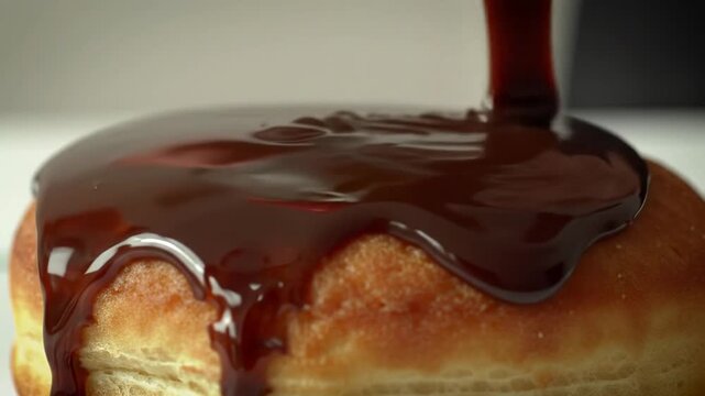 Chocolate glaze pouring over donut, close-up, white background. Dessert concept, pastry promotion