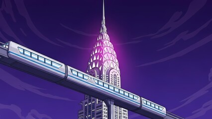 Futuristic train speeding past an iconic skyscraper in a vibrant purple night sky