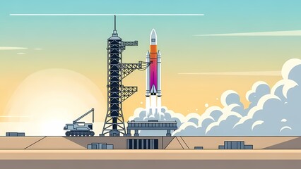 The powerful rocket takes off from the launch pad, leaving a cloud of smoke behind