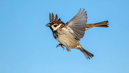 Sparrow in flight against a clear sky