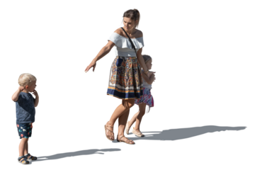 Woman with two little children walking in the street, isolated on white and transparent background