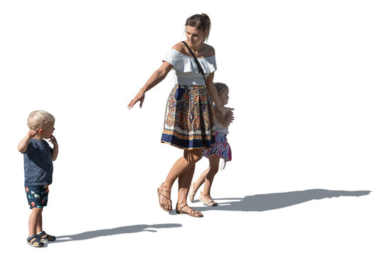 Woman with two little children walking in the street, isolated on white and transparent background