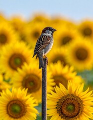 Sparrow perched on pole amidst sunflowers