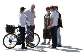 Group of young people with a bike standing in the street in backlight and talking, isolated on white and transparent background © Martin